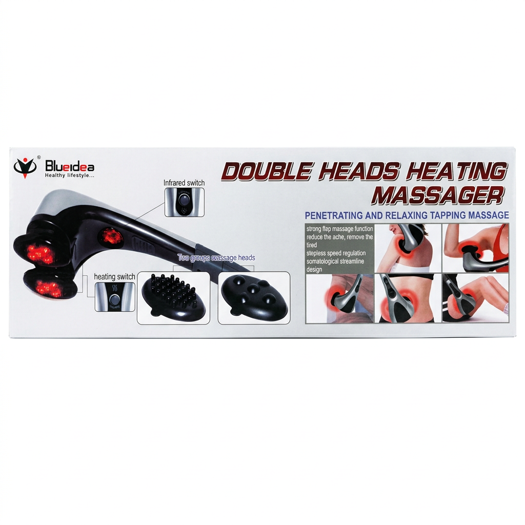 Blueidea heating massager packaging panel showing massage heads and switches
