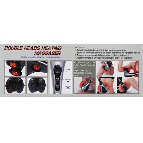 Heating massager packaging panel showing attachments, controls and feature information